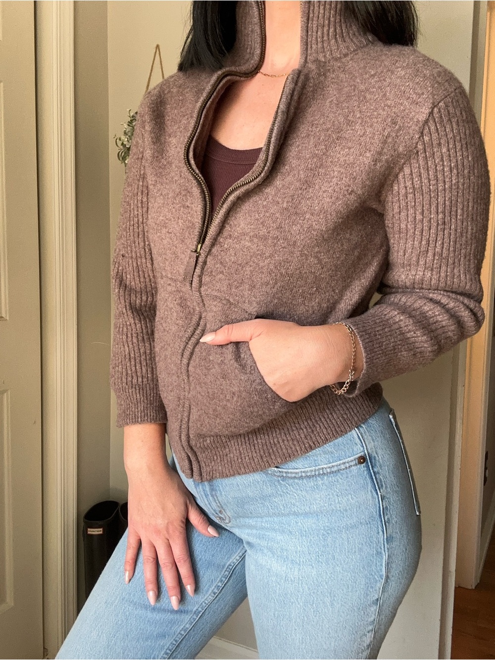 Lambswool blend Life Is Good Brown Full-Zip Ribbed Collar Cardigan